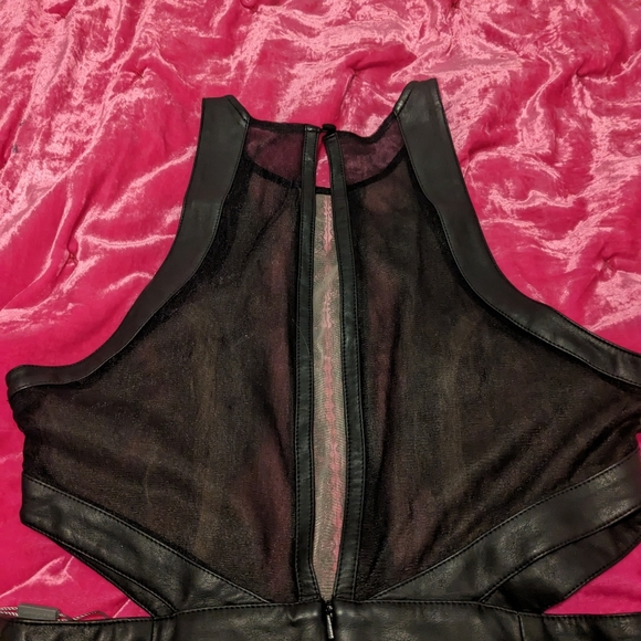 Three Floor Vegan Leather Little Black Mini Dress w/ Lace Detail - Picture 6 of 7